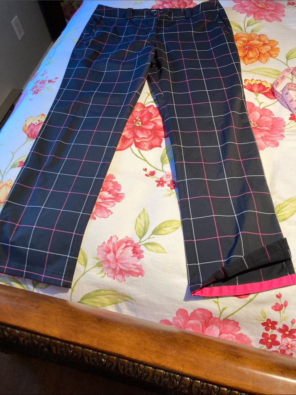 Nike Women's Navy Windowpane Plaid Trousers with Pink Trim